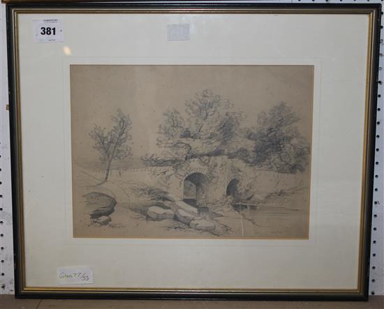 Pencil drawing, Bridge over a stream(-)